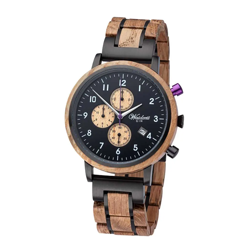 Chronograph Gin Black Berry Wooden Strap Men's Watch