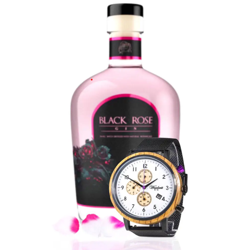 Chronograph Gin Black Berry Wooden Strap Men's Watch