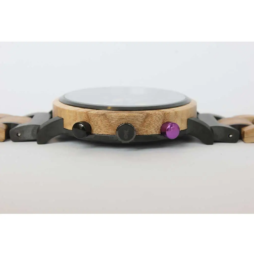 Chronograph Gin Black Berry Wooden Strap Men's Watch