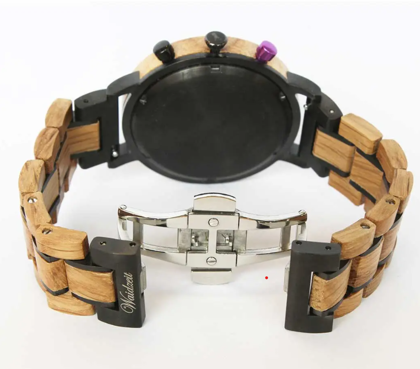 Chronograph Gin Black Berry Wooden Strap Men's Watch