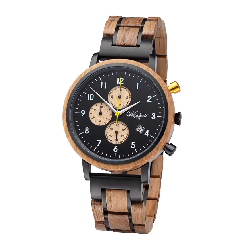 Chronograph Gin Black Gold Wood Strap Men's Watch